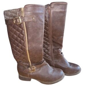 Knee High Brown Quilted Knit Riding Boots Women’s 7.5 Gold Buckle Zipper Accent